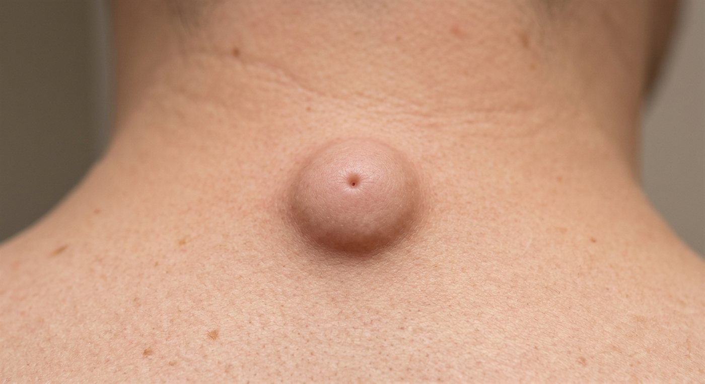 Representative clinical image of an epidermoid (sebaceous) cyst — a smooth, dome-shaped lump under the skin with a tiny central pore