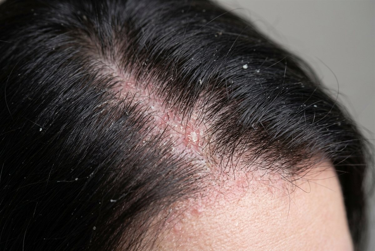 Close-up of seborrheic dermatitis — flaking and scale along the scalp and hairline with underlying redness