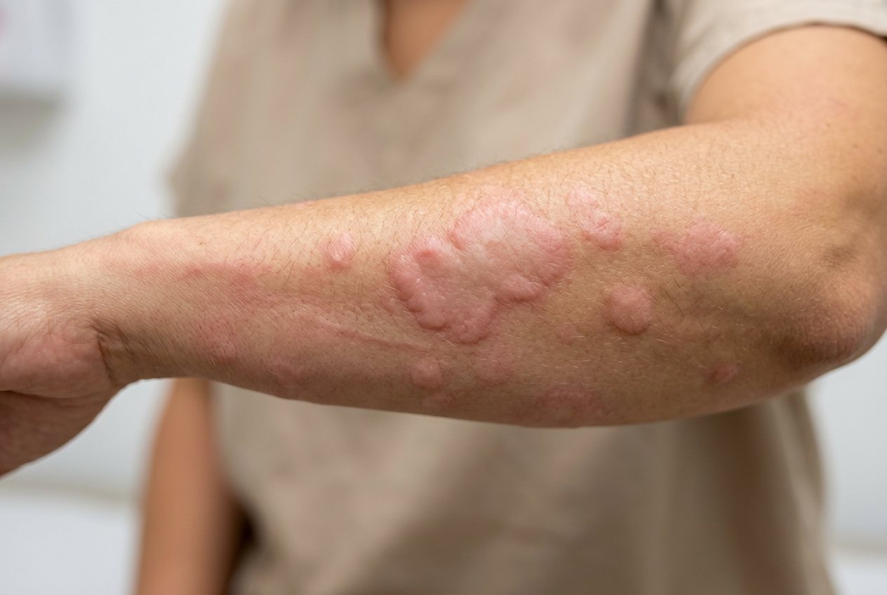 Close-up of hives (urticaria) — raised, itchy welts on the skin — treated at Juniper Dermatology in Bend, Oregon