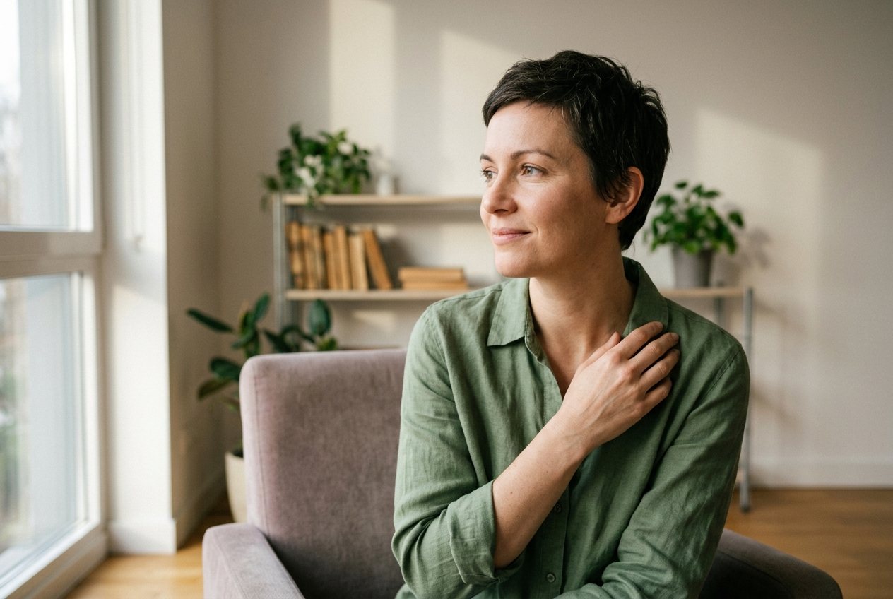 A person sitting calmly in soft natural light, looking hopeful — relief is possible with modern hidradenitis suppurativa treatment