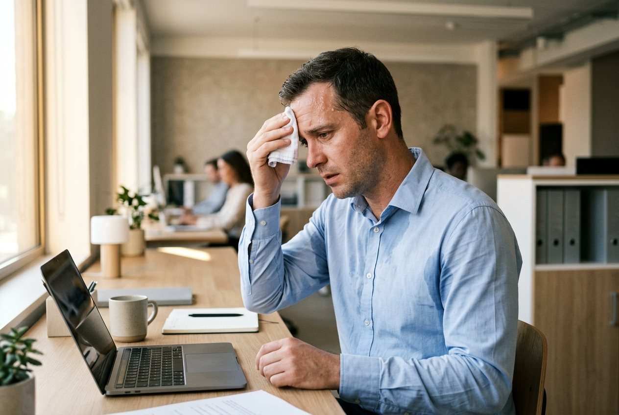 A man wiping sweat from his forehead at work — hyperhidrosis (excessive sweating) is treated at Juniper Dermatology in Bend, Oregon