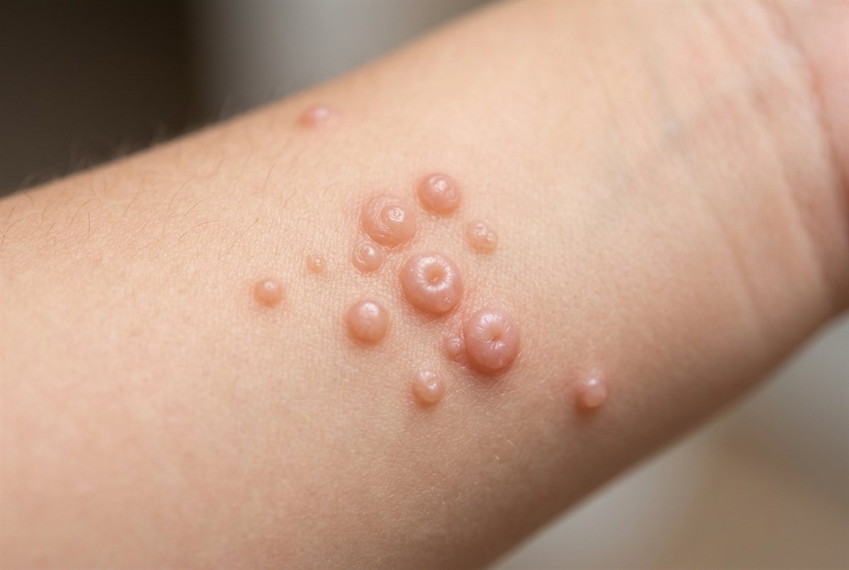 Representative clinical image of molluscum contagiosum — small, dome-shaped bumps with a central dimple