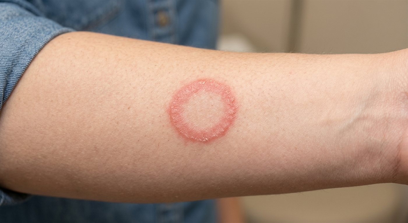 Representative clinical image of ringworm (tinea corporis) — a ring-shaped rash with a raised, scaly border and a clearer center