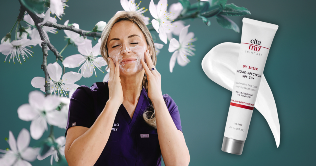 A woman applying sunscreen from elta MD.